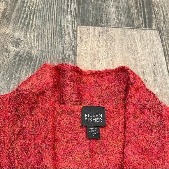 EILEEN FISHER Mohair Wool Blend Burnt Orange Open Front Knit Cardigan Sweater L - Picture 2 of 6